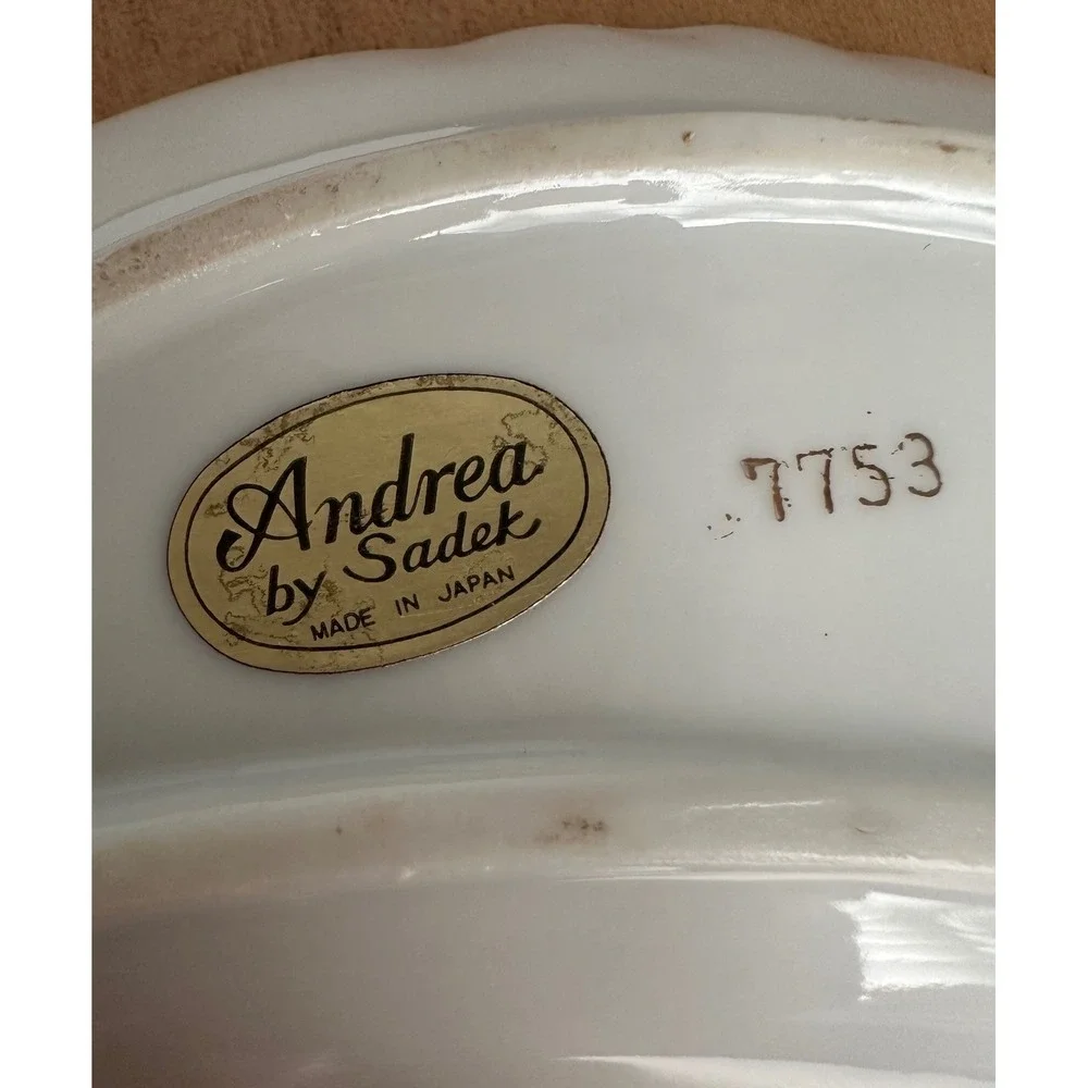 Andrea by Sadek Floral Crescent Bone Dish Pink Grey Gold Gilt Japan 7753 Vintage